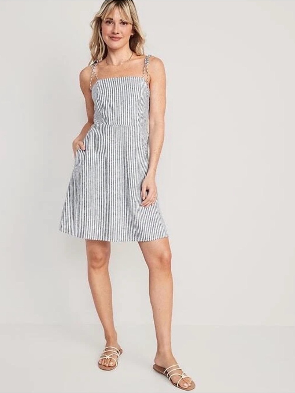 Old Navy Blue Striped Fit & Flare Tie-Strap Linen-Blend Mini Dress Sz XL NWT